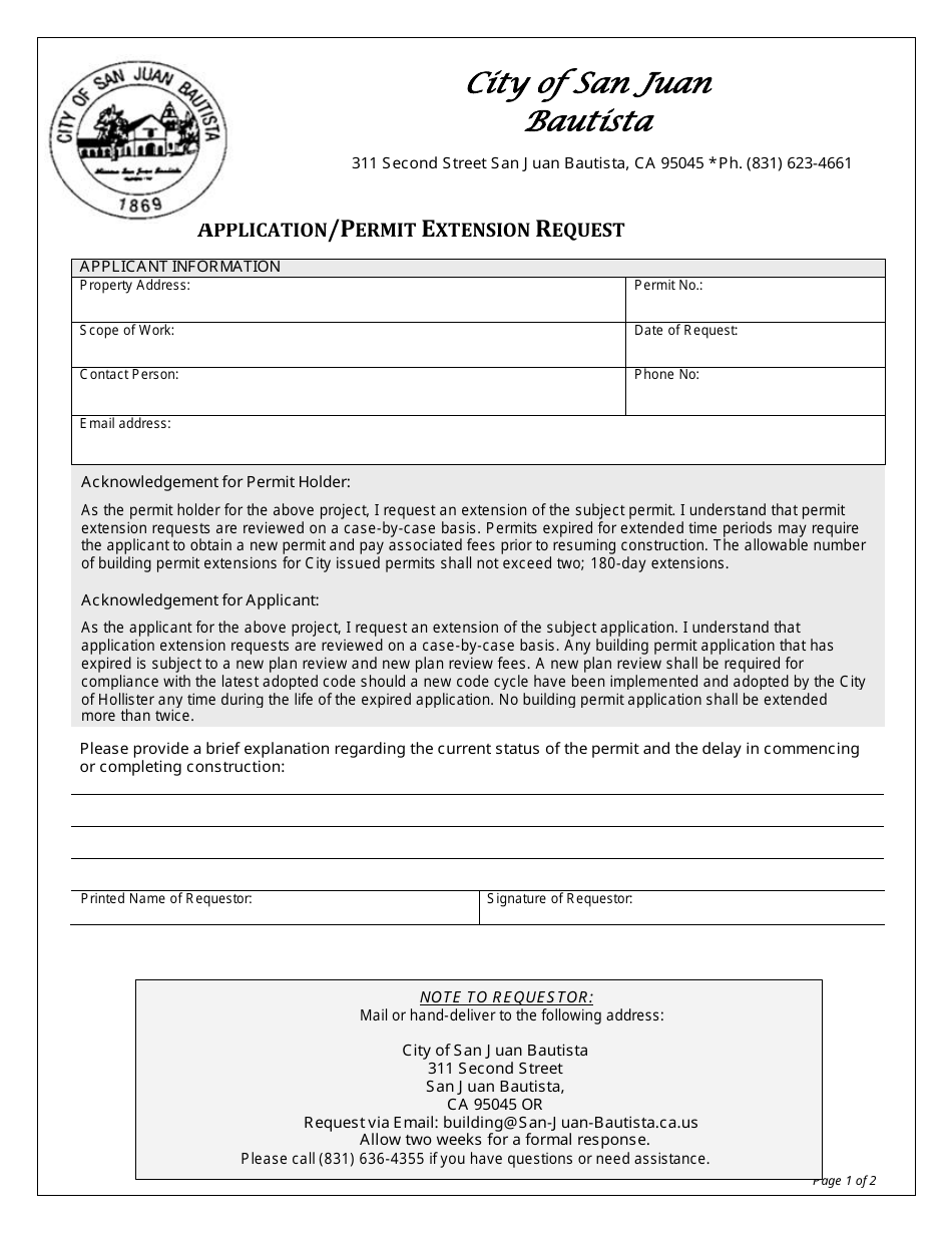 Application / Permit Extension Request - City of San Juan Bautista, California, Page 1