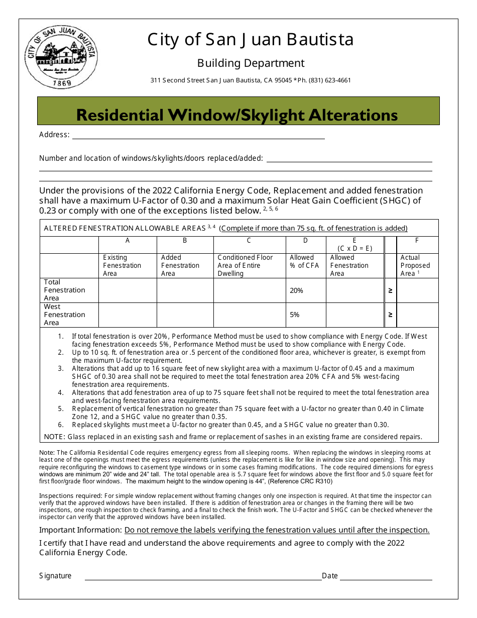 Residential Window / Skylight Alterations - City of San Juan Bautista, California, Page 1