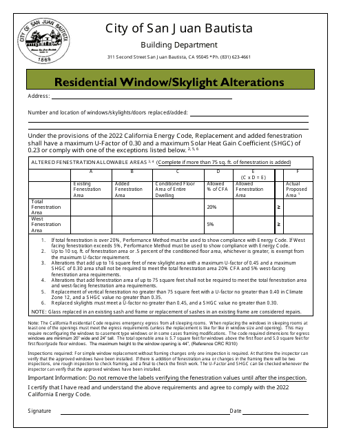 Residential Window/Skylight Alterations - City of San Juan Bautista, California