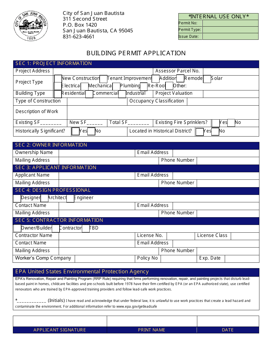 Building Permit Application - City of San Juan Bautista, California, Page 1