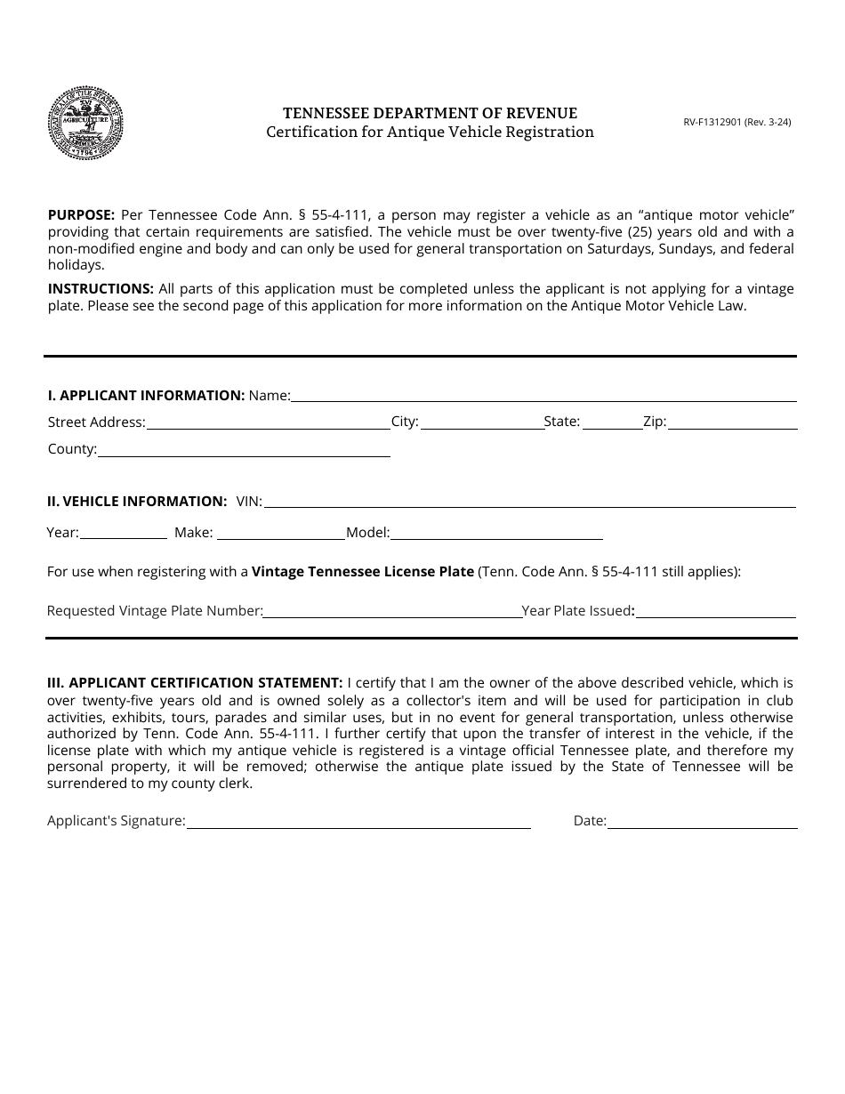 Form RVF1312901 Download Fillable PDF or Fill Online Certification for