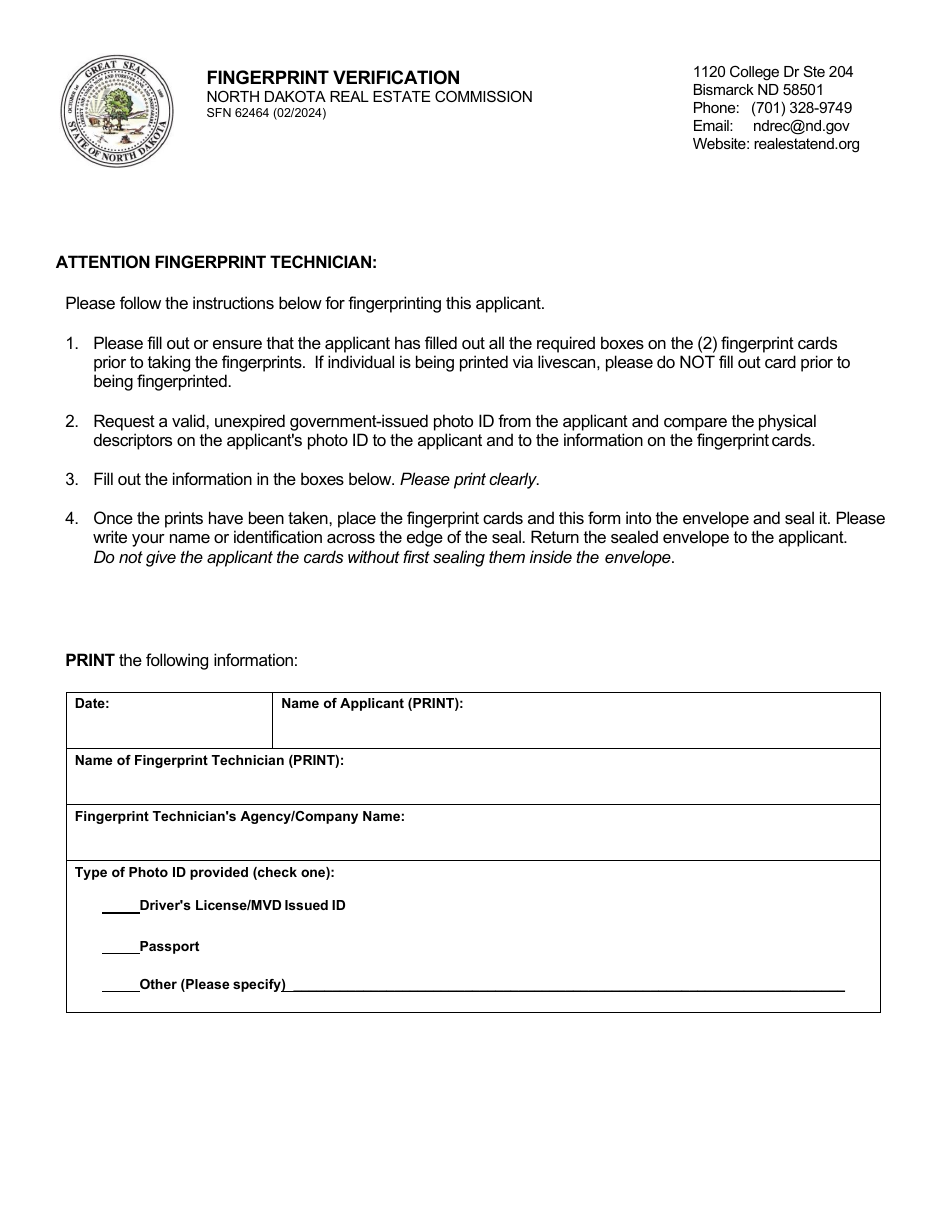Form SFN62464 Fingerprint Verification - North Dakota, Page 1