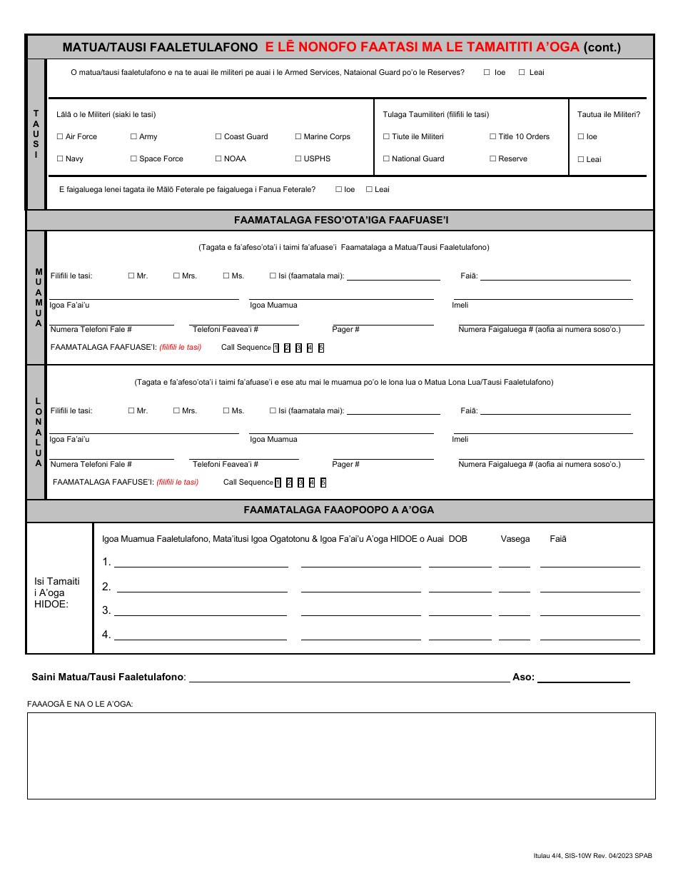 Form SIS-10W Student Enrollment Form - Hawaii (Samoan), Page 4