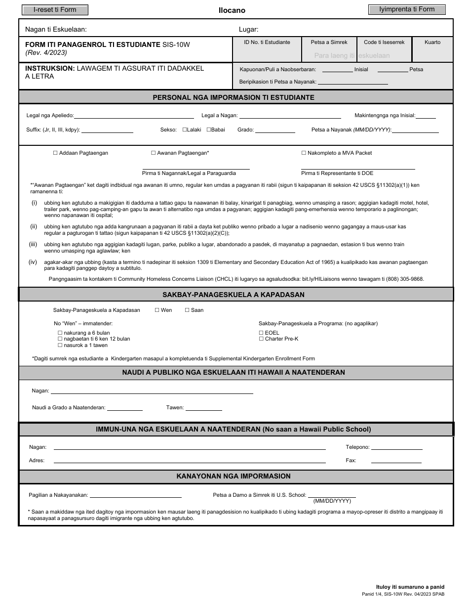 Form SIS-10W Student Enrollment Form - Hawaii (Ilocano), Page 1