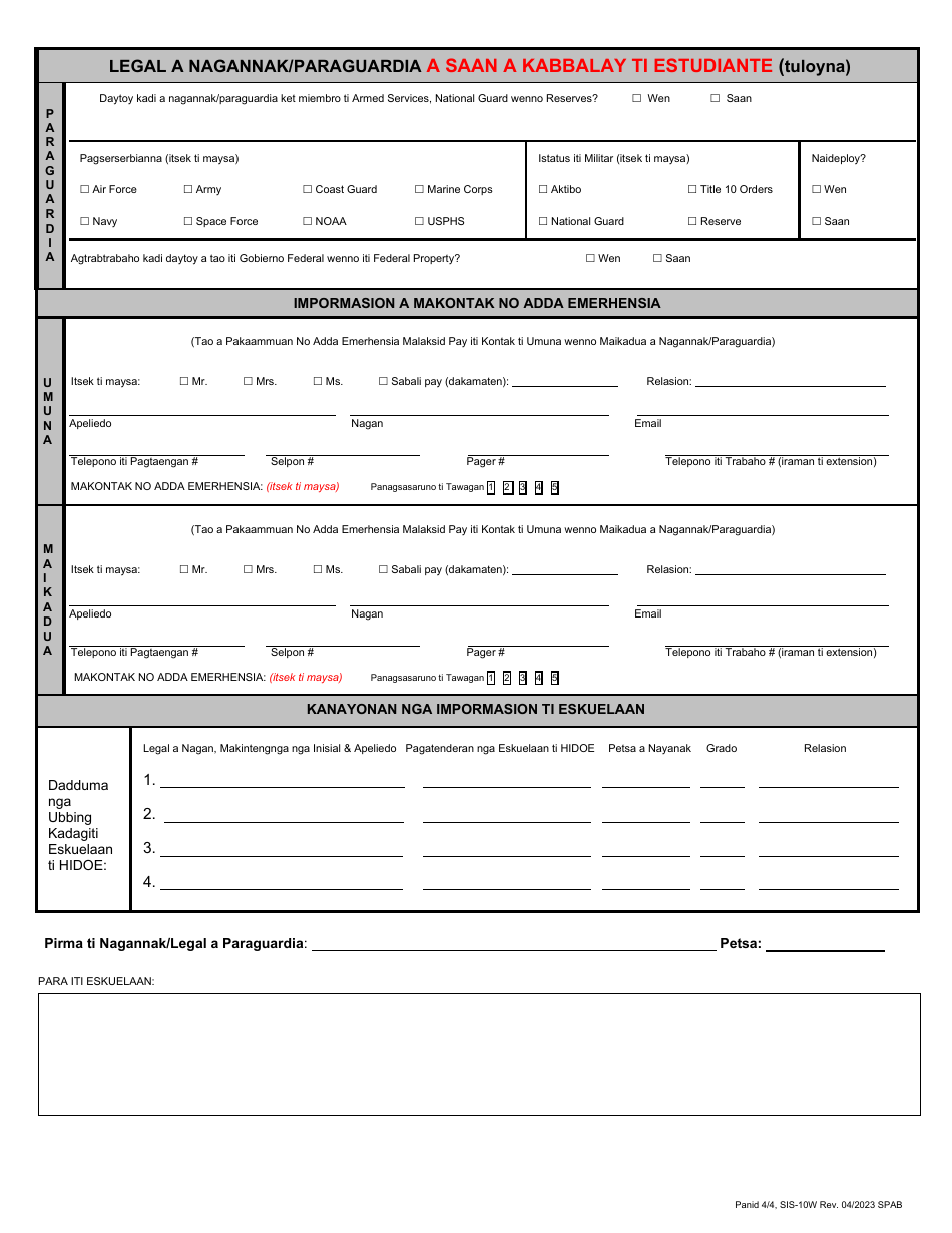 Form SIS-10W Student Enrollment Form - Hawaii (Ilocano), Page 4