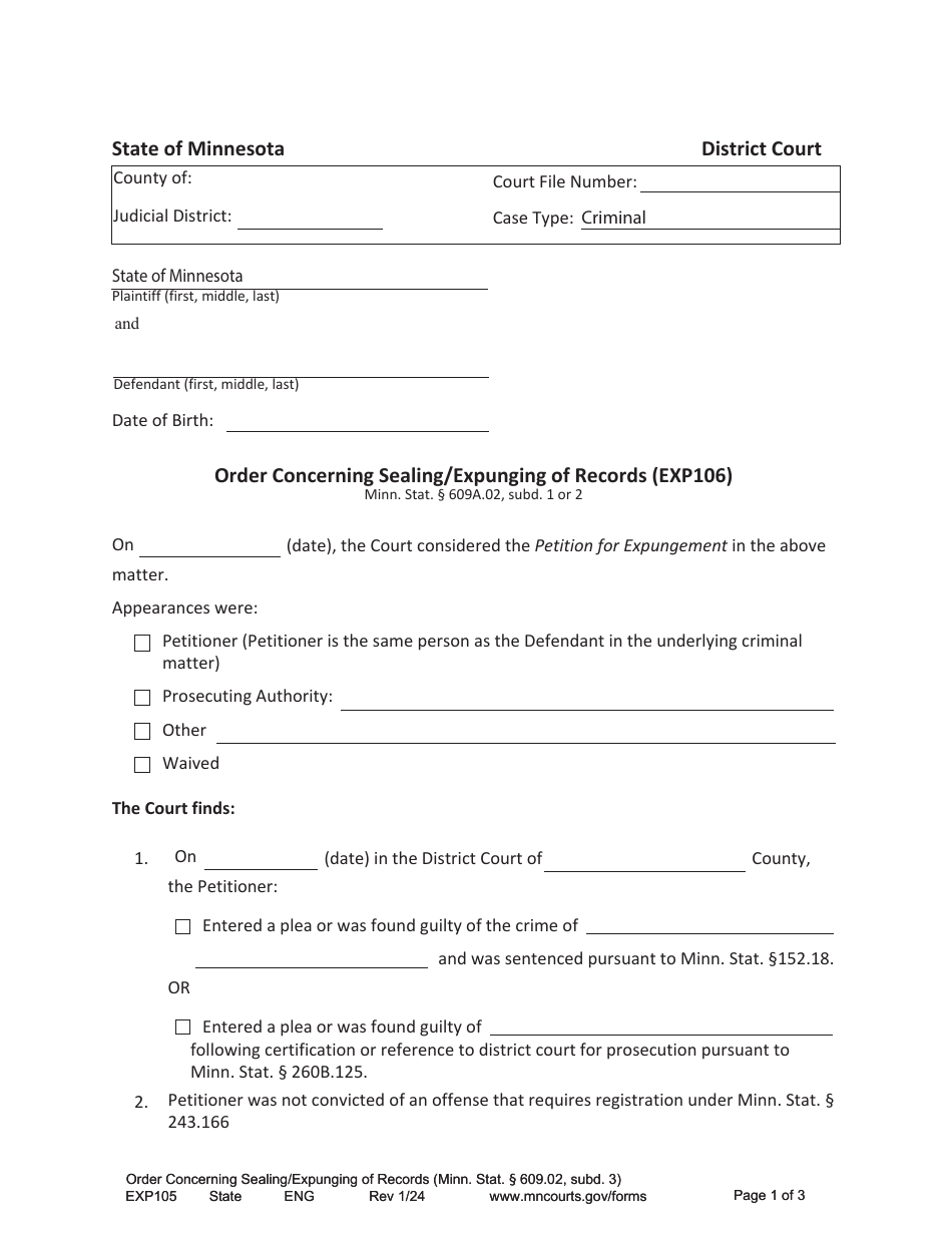 Form EXP106 Order Concerning Sealing / Expunging of Records - Minnesota, Page 1