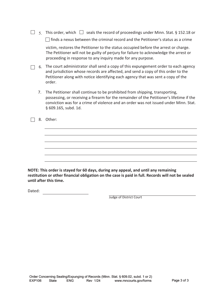 Form EXP106 Order Concerning Sealing / Expunging of Records - Minnesota, Page 3