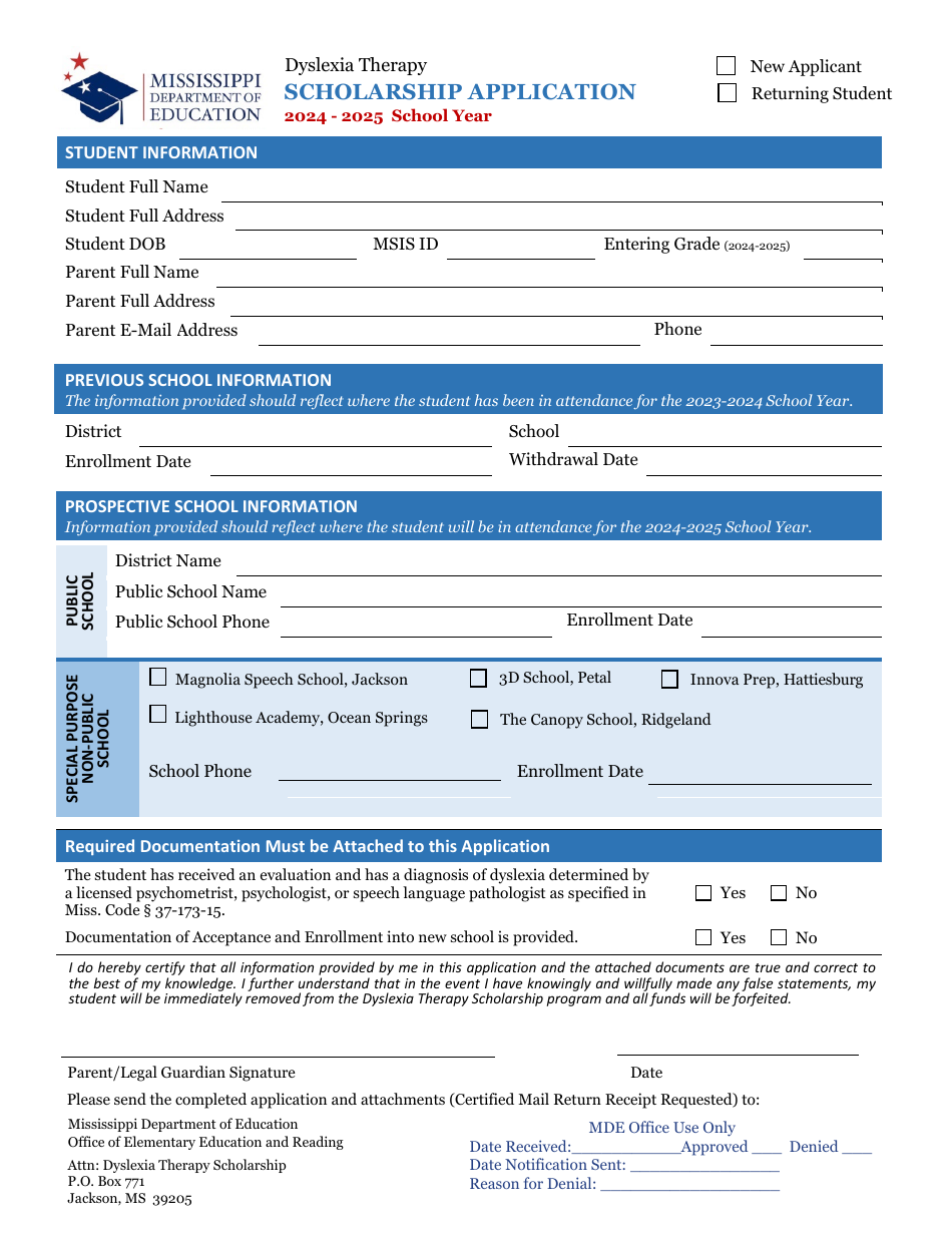 Scholarship Application - Dyslexia Therapy Program - Mississippi, Page 1