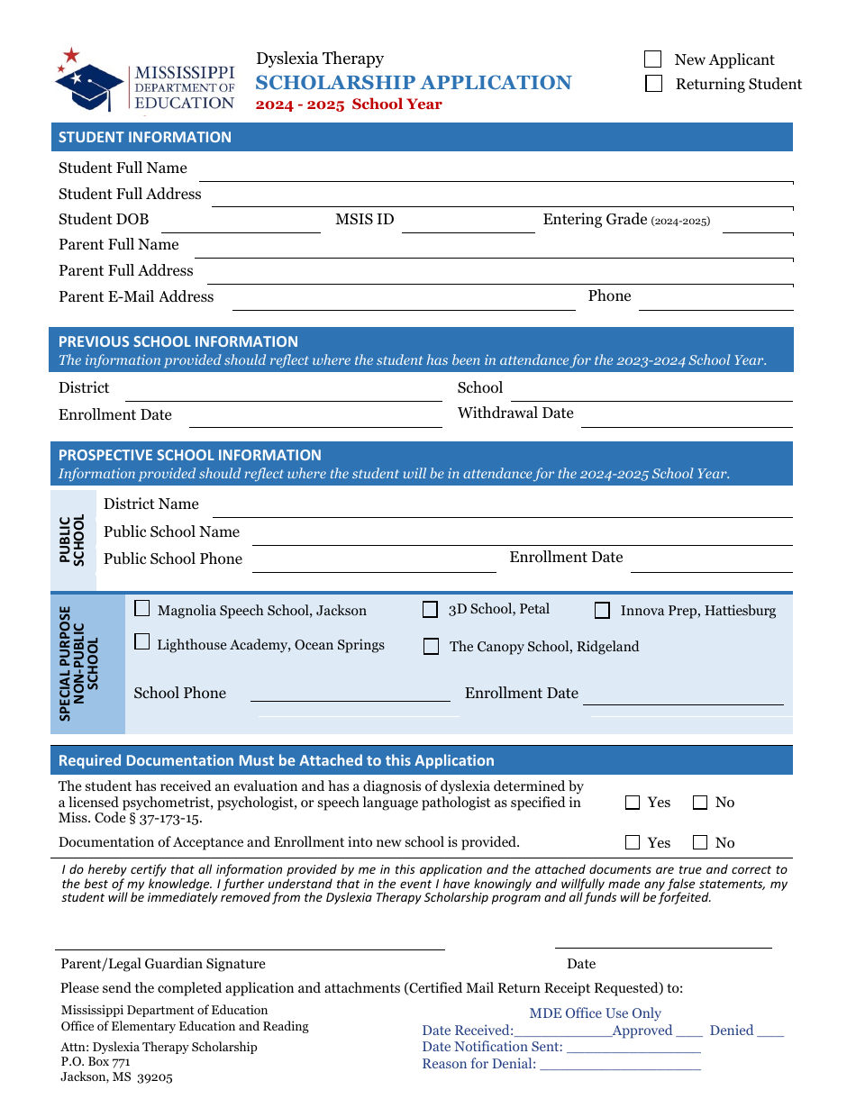 2025 Mississippi Scholarship Application Dyslexia Therapy Program