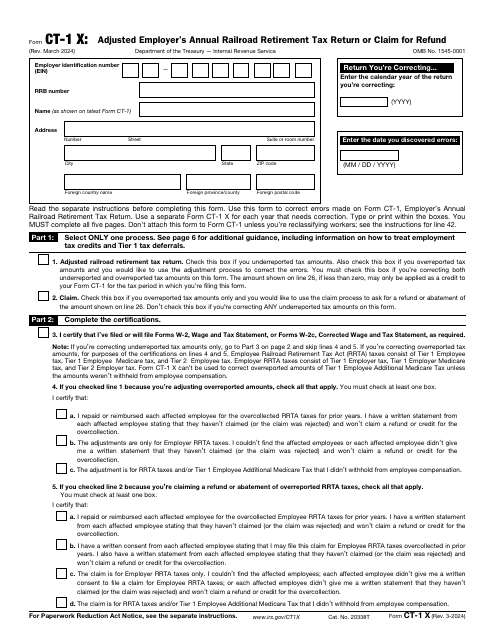 IRS Form CT-1 X Adjusted Employer's Annual Railroad Retirement Tax Return or Claim for Refund
