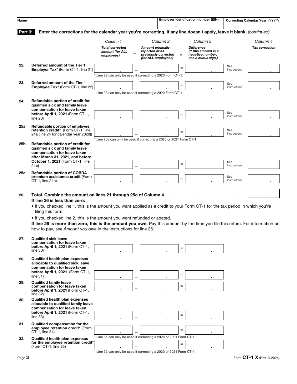 IRS Form CT-1 X Adjusted Employers Annual Railroad Retirement Tax Return or Claim for Refund, Page 3