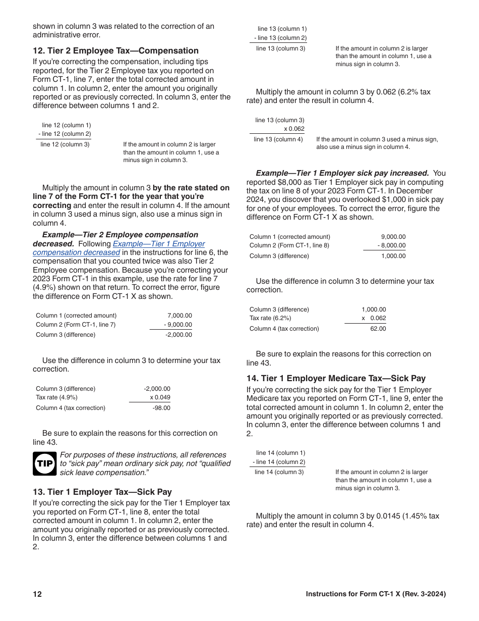 Instructions for IRS Form CT-1 X Adjusted Employers Annual Railroad Retirement Tax Return or Claim for Refund, Page 12