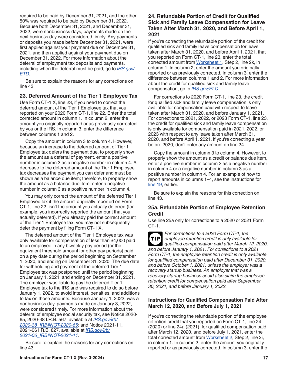 Instructions for IRS Form CT-1 X Adjusted Employers Annual Railroad Retirement Tax Return or Claim for Refund, Page 17