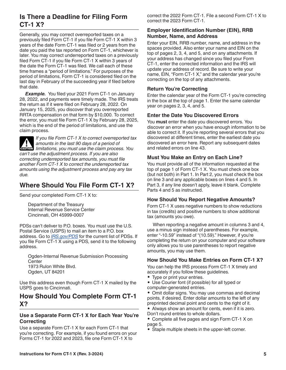 Instructions for IRS Form CT-1 X Adjusted Employers Annual Railroad Retirement Tax Return or Claim for Refund, Page 5