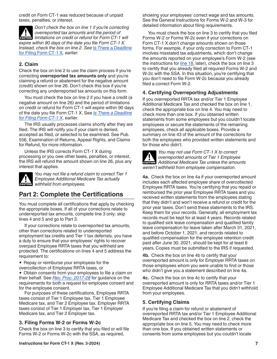 Instructions for IRS Form CT-1 X Adjusted Employers Annual Railroad Retirement Tax Return or Claim for Refund, Page 7