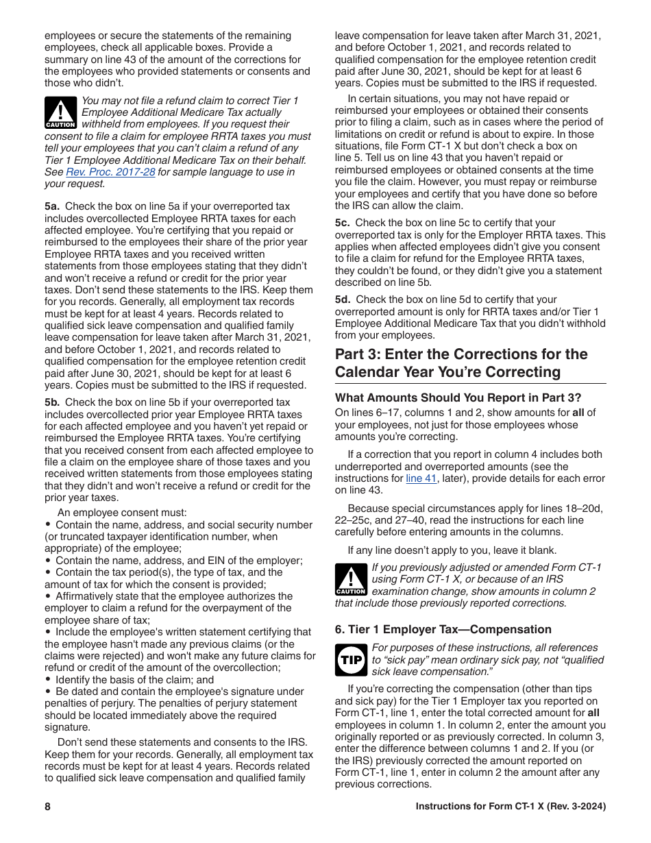 Instructions for IRS Form CT-1 X Adjusted Employers Annual Railroad Retirement Tax Return or Claim for Refund, Page 8
