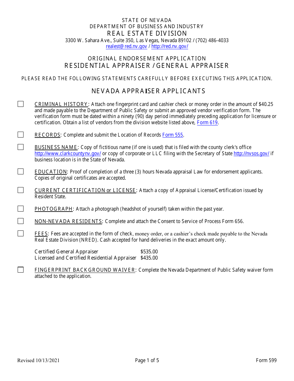 Form 599 - Fill Out, Sign Online and Download Fillable PDF, Nevada ...