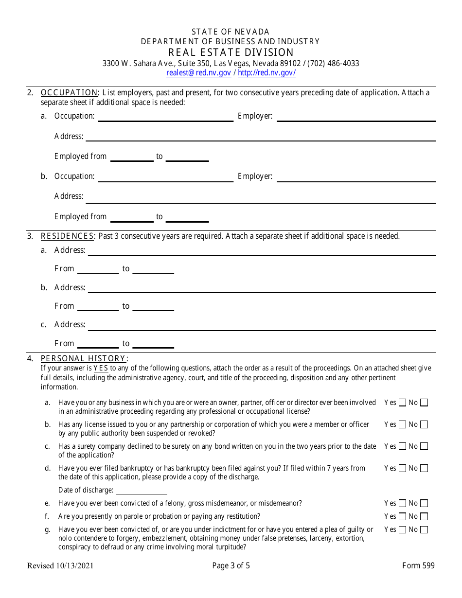 Form 599 Original Reciprocal / Endorsement Application for Residential Appraiser / General Appraiser - Nevada, Page 3