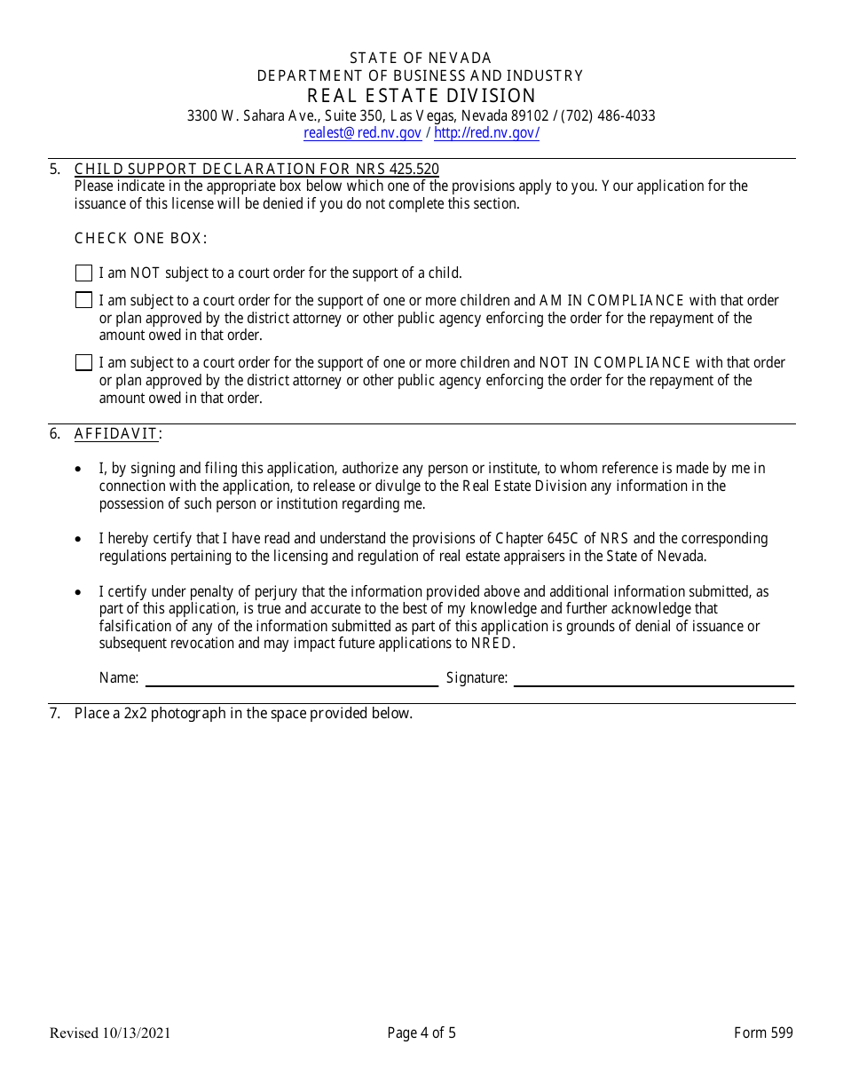 Form 599 Original Reciprocal / Endorsement Application for Residential Appraiser / General Appraiser - Nevada, Page 4