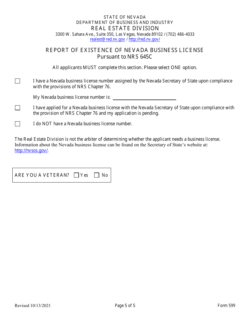 Form 599 Original Reciprocal / Endorsement Application for Residential Appraiser / General Appraiser - Nevada, Page 5