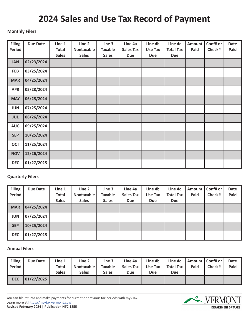 2024 Vermont Sales and Use Tax Record of Payment Download Printable PDF