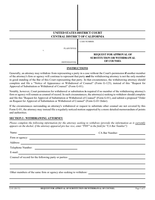 Form G-01 Request for Approval of Substitution or Withdrawal of Counsel - California