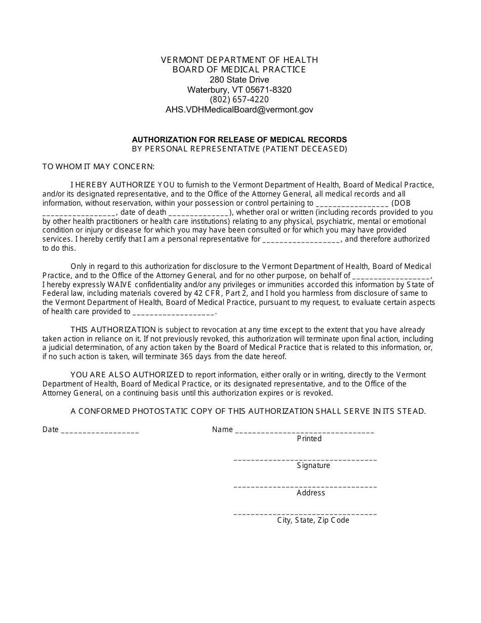 Authorization for Release of Medical Records by Personal Representative (Patient Deceased) - Vermont, Page 1