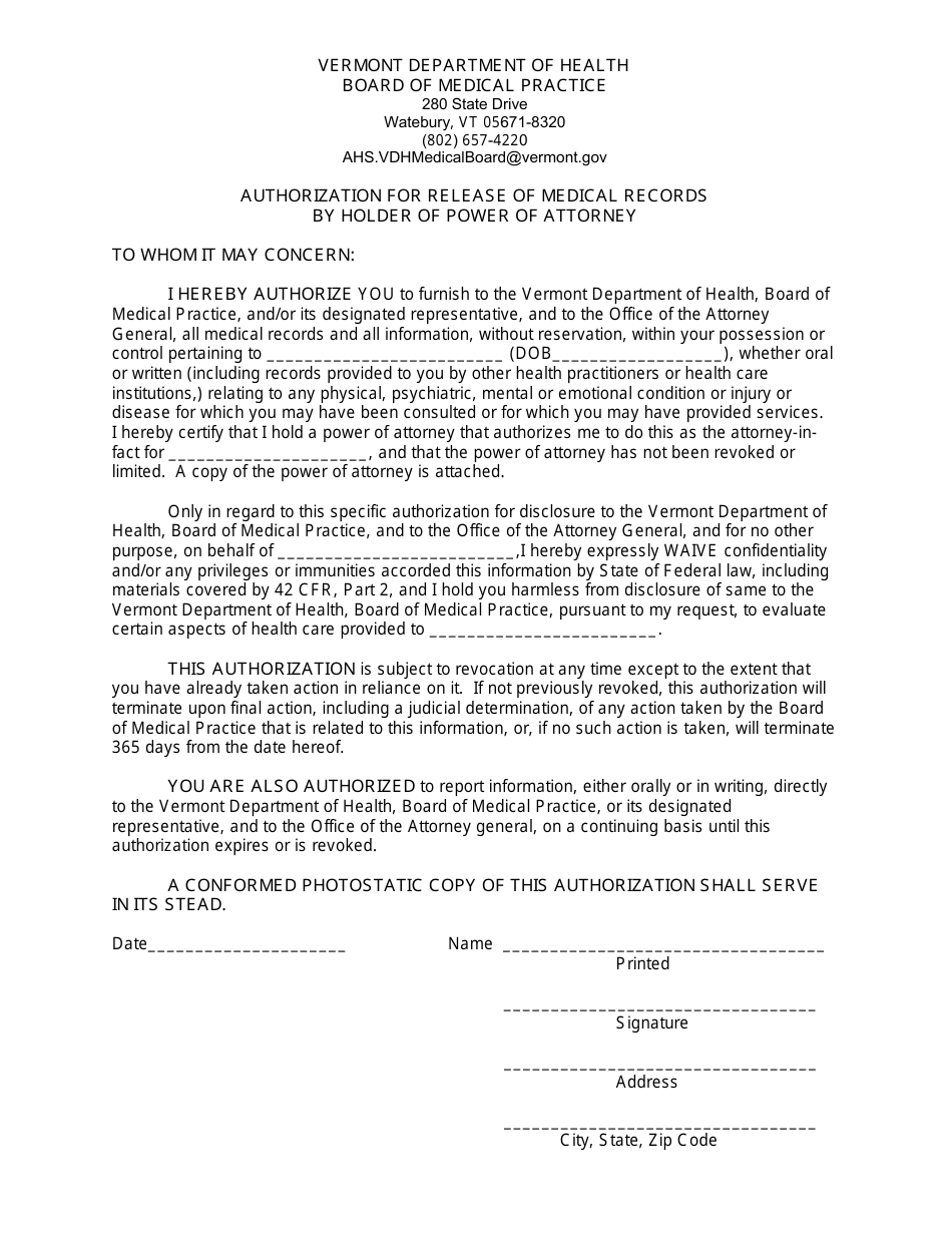 Authorization for Release of Medical Records by Holder of Power of Attorney - Vermont, Page 1