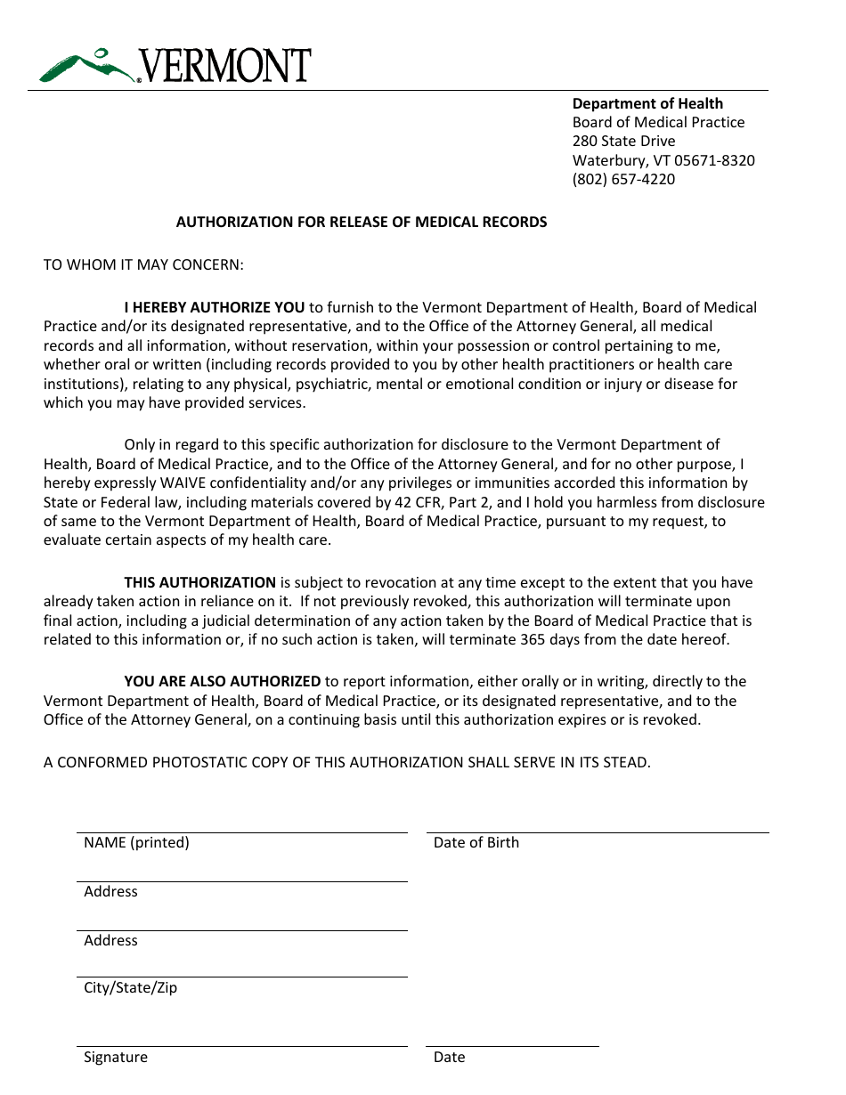 Authorization for Release of Medical Records - Vermont, Page 1