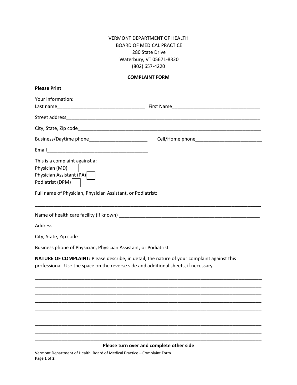 Complaint Form - Vermont, Page 1