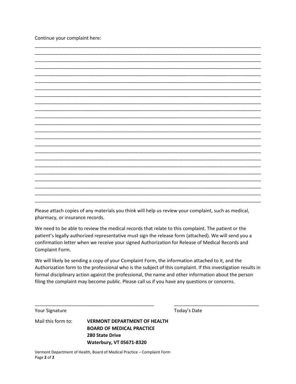 Complaint Form - Vermont, Page 2