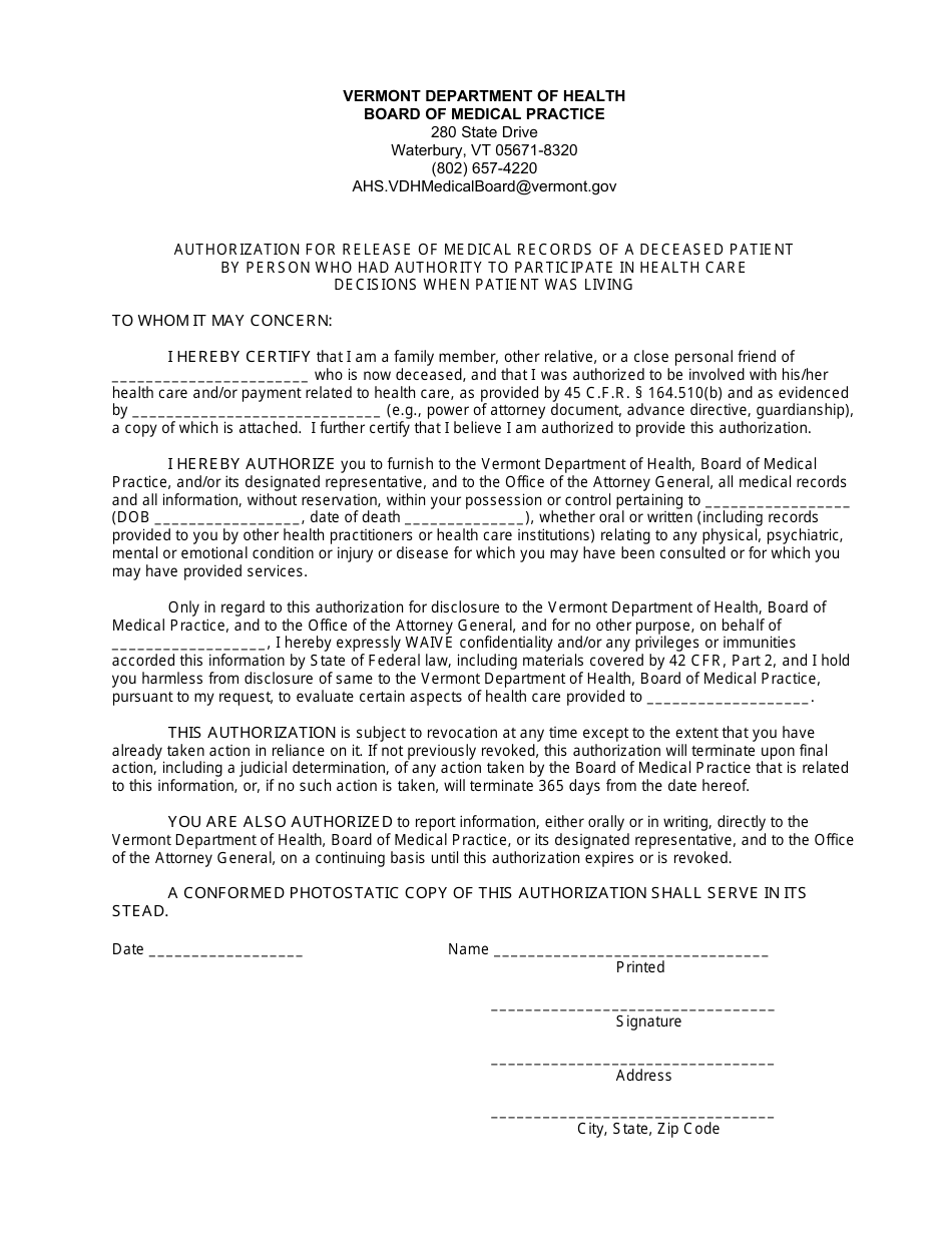 Vermont Authorization for Release of Medical Records of a Deceased