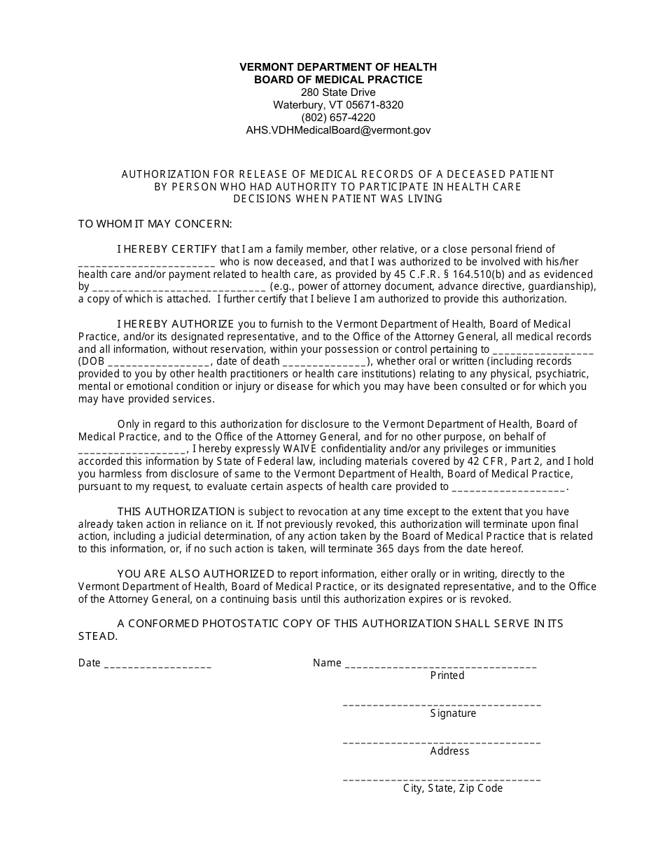 Authorization for Release of Medical Records of a Deceased Patient by Person Who Had Authority to Participate in Health Care Decisions When Patient Was Living - Vermont, Page 1