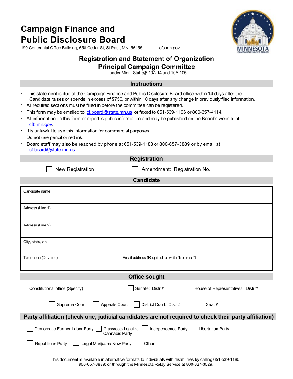 Registration and Statement of Organization Principal Campaign Committee - Minnesota, Page 1