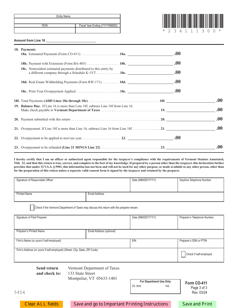 Form CO-411 Vermont Corporate Income Tax Return - Vermont, Page 3