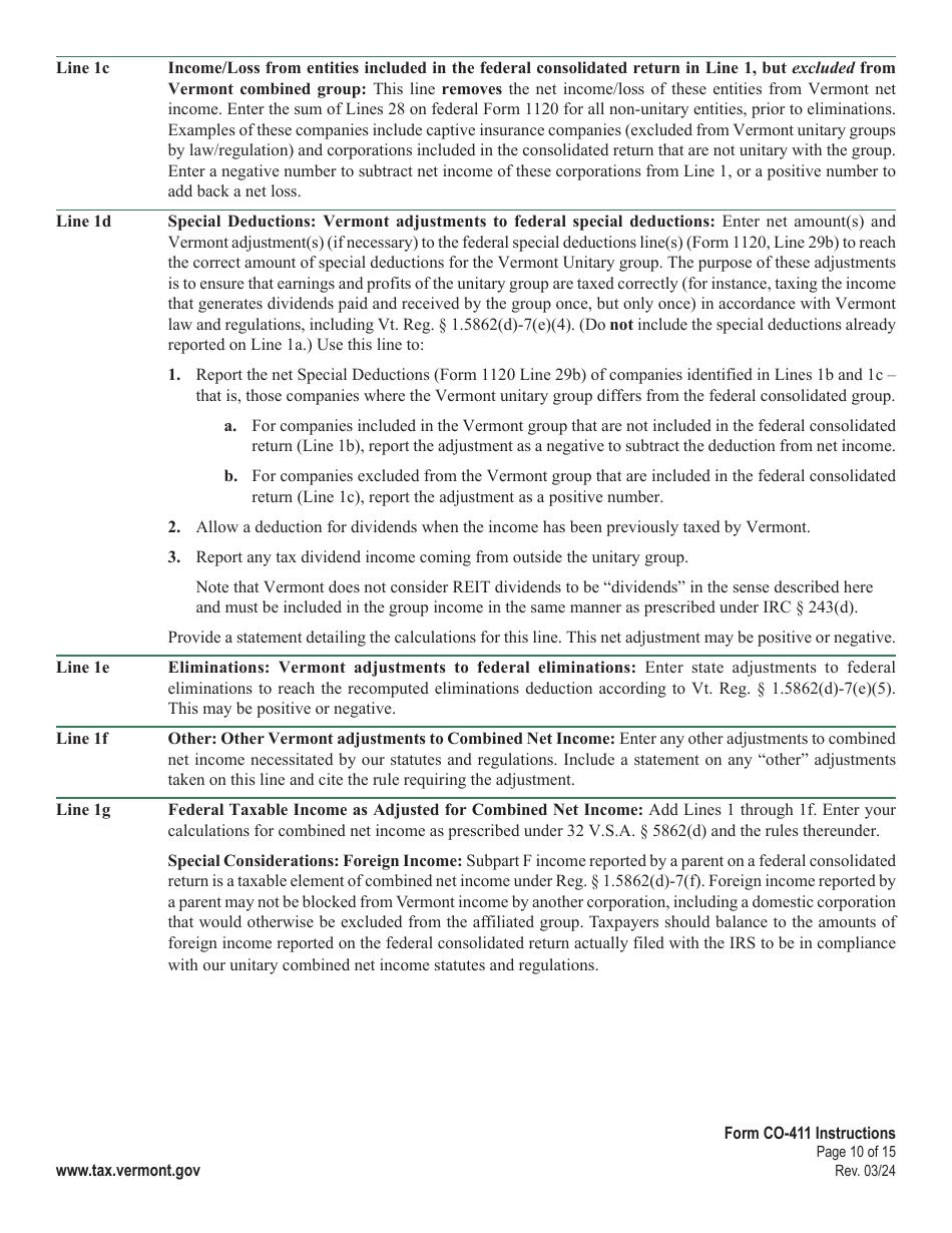 Instructions for Form CO-411 Vermont Corporate Income Tax Return - Vermont, Page 10