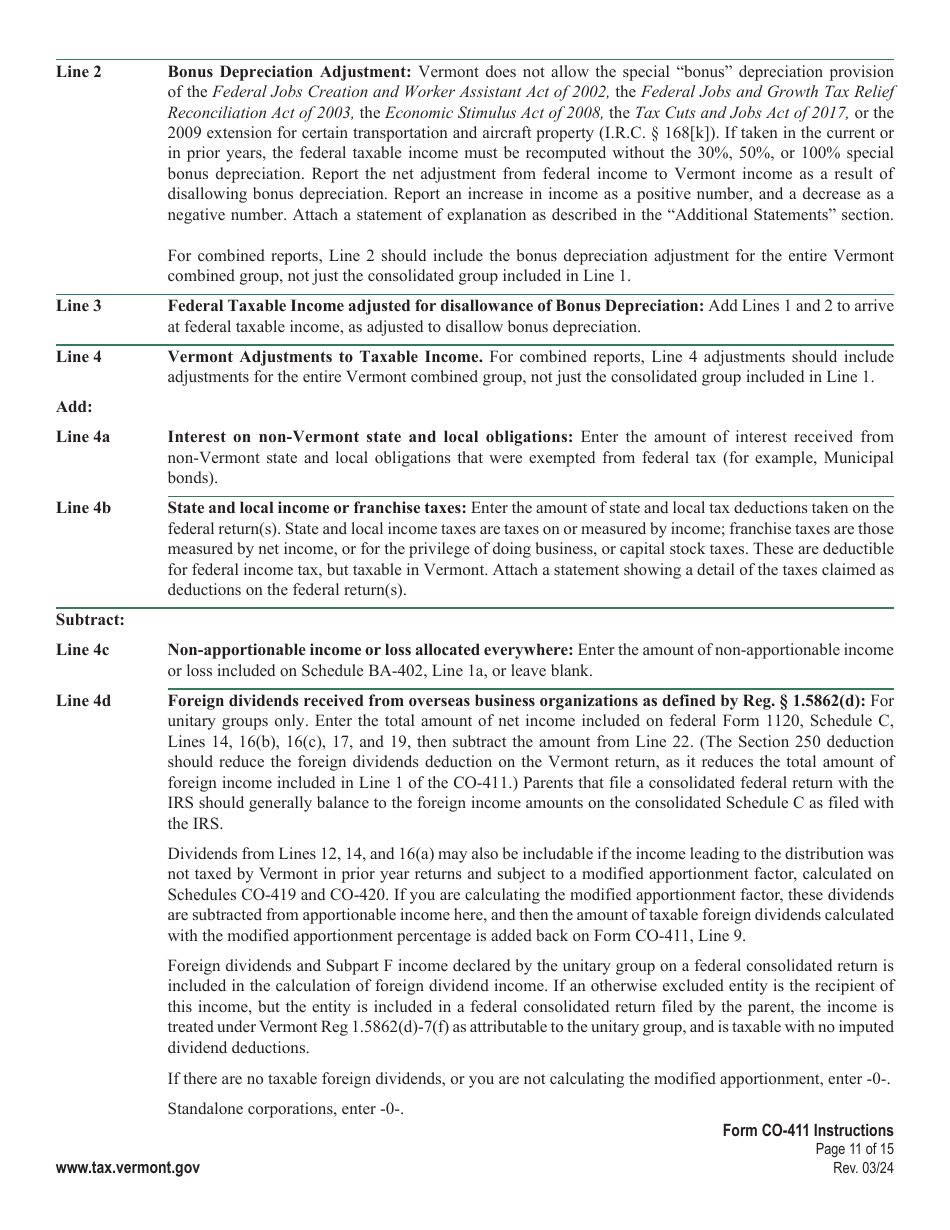 Instructions for Form CO-411 Vermont Corporate Income Tax Return - Vermont, Page 11