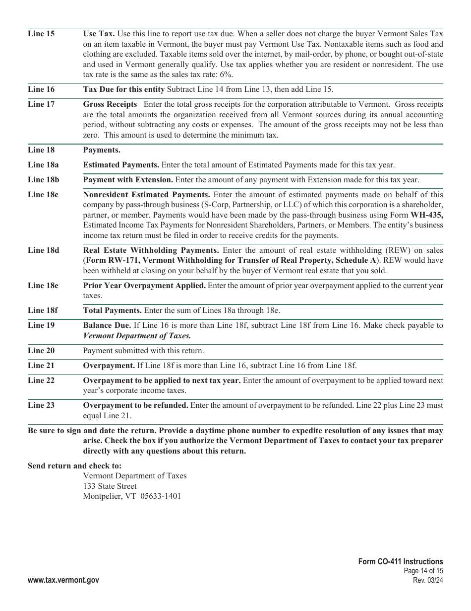 Instructions for Form CO-411 Vermont Corporate Income Tax Return - Vermont, Page 14