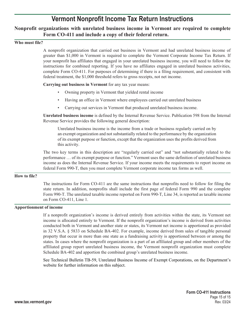Instructions for Form CO-411 Vermont Corporate Income Tax Return - Vermont, Page 15