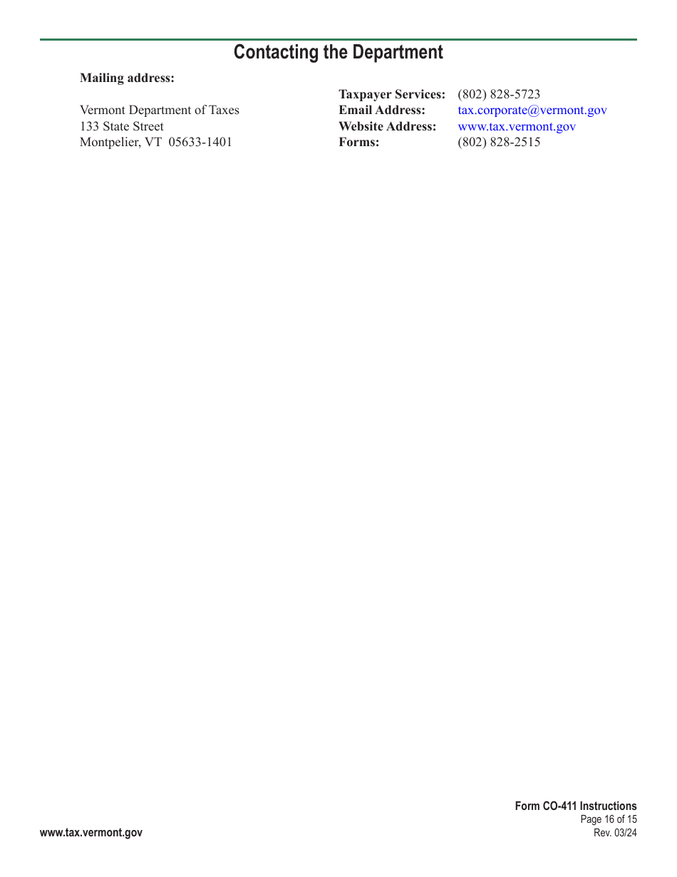 Instructions for Form CO-411 Vermont Corporate Income Tax Return - Vermont, Page 16