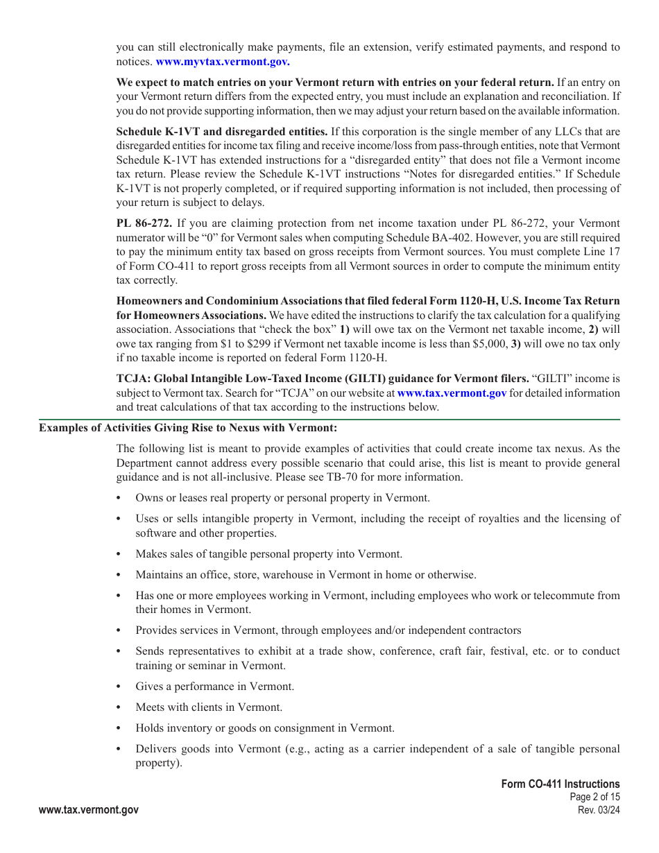 Instructions for Form CO-411 Vermont Corporate Income Tax Return - Vermont, Page 2