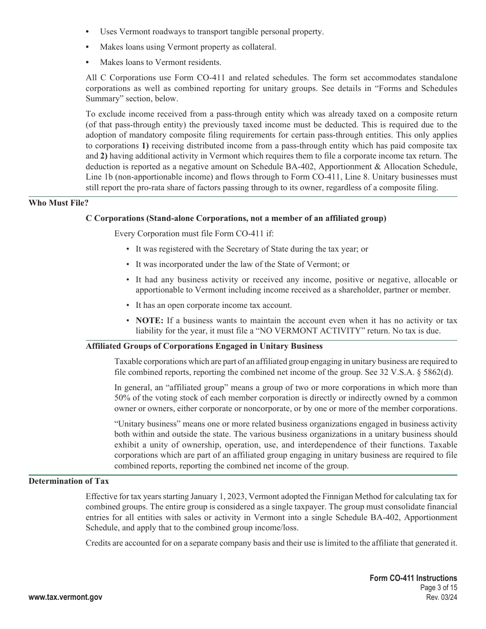 Instructions for Form CO-411 Vermont Corporate Income Tax Return - Vermont, Page 3