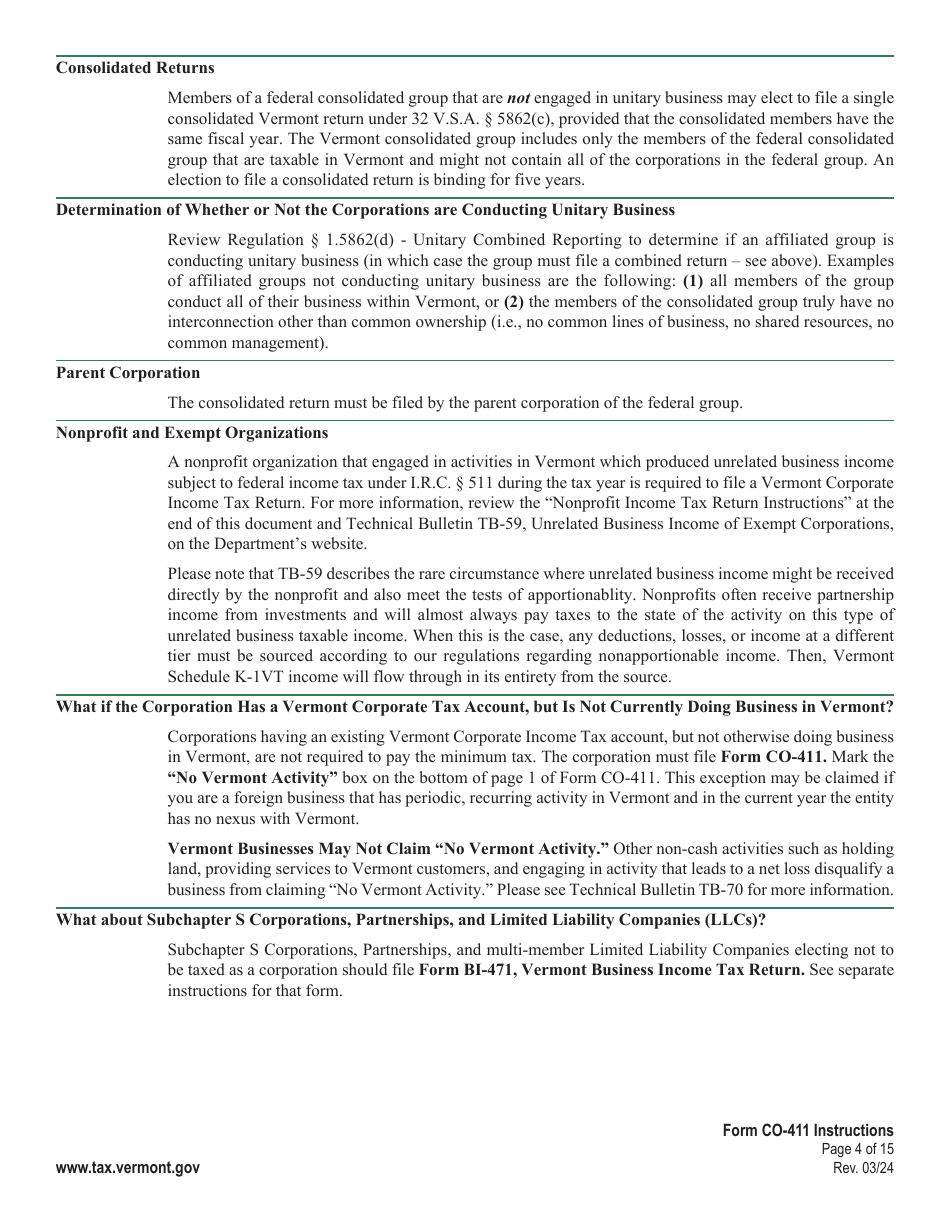 Instructions for Form CO-411 Vermont Corporate Income Tax Return - Vermont, Page 4