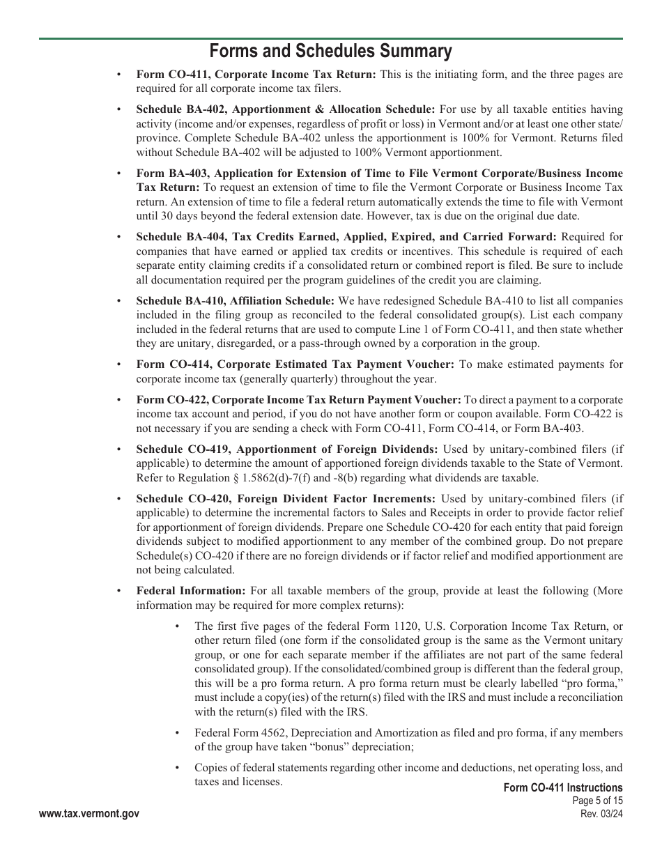 Instructions for Form CO-411 Vermont Corporate Income Tax Return - Vermont, Page 5