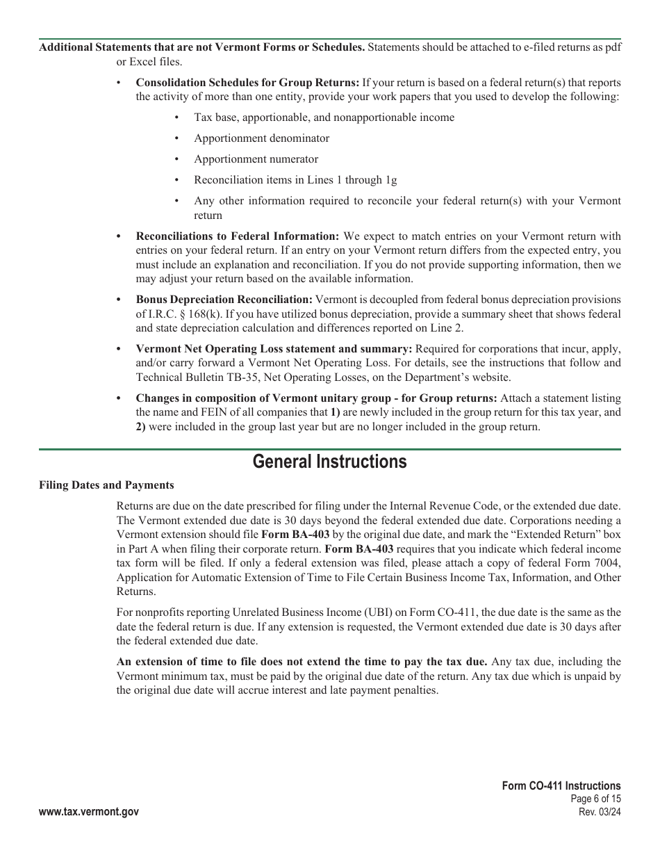 Instructions for Form CO-411 Vermont Corporate Income Tax Return - Vermont, Page 6