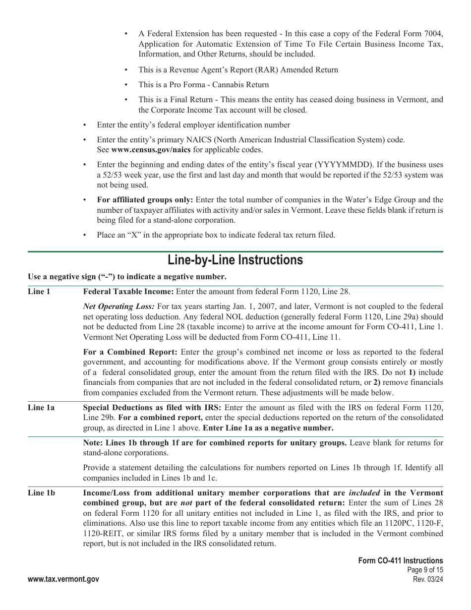 Instructions for Form CO-411 Vermont Corporate Income Tax Return - Vermont, Page 9