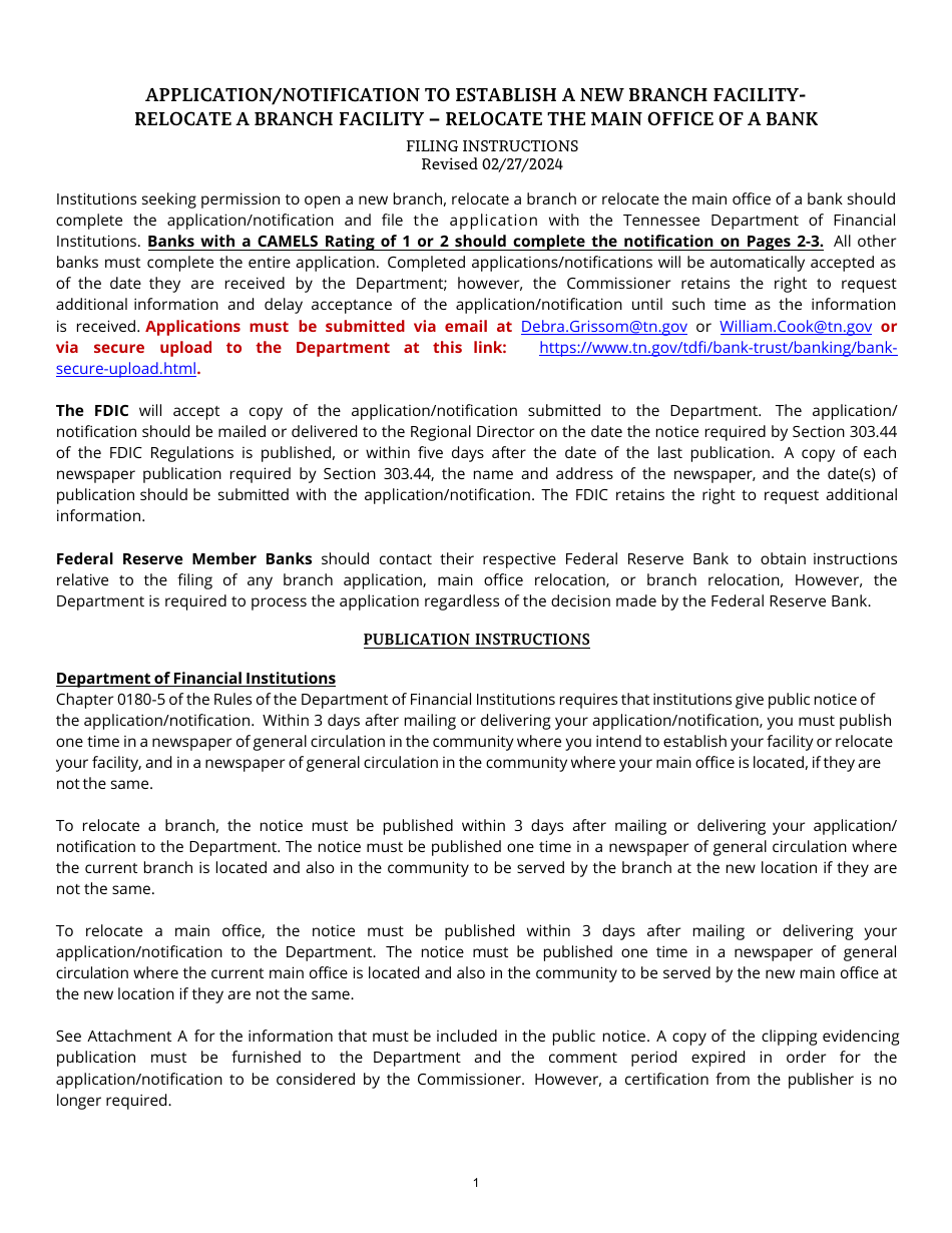 Application / Notification to Establish a New Branch Facility - Relocate the Main Office of a Bank - Tennessee, Page 1