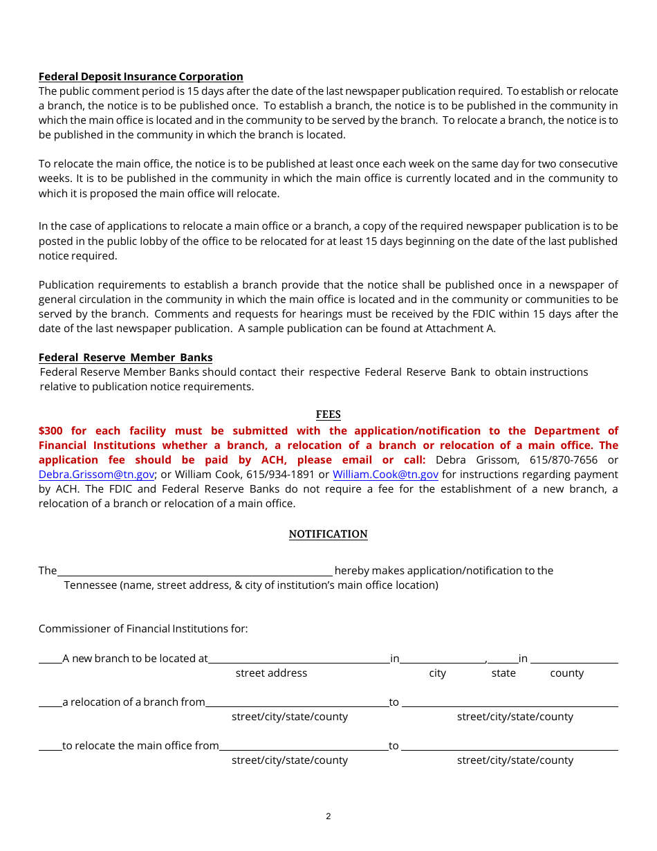 Application / Notification to Establish a New Branch Facility - Relocate the Main Office of a Bank - Tennessee, Page 2