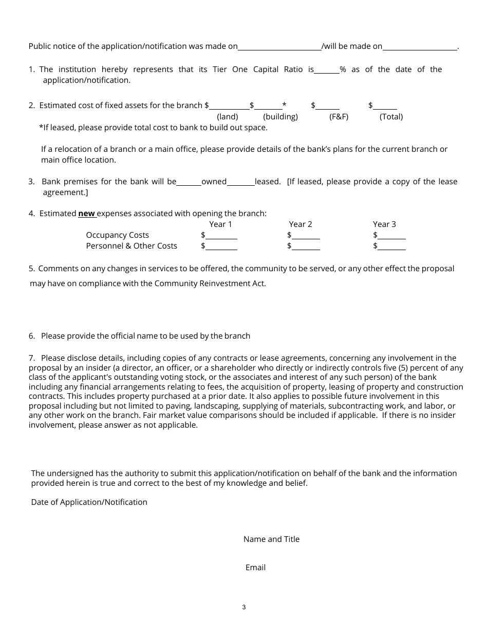 Application / Notification to Establish a New Branch Facility - Relocate the Main Office of a Bank - Tennessee, Page 3