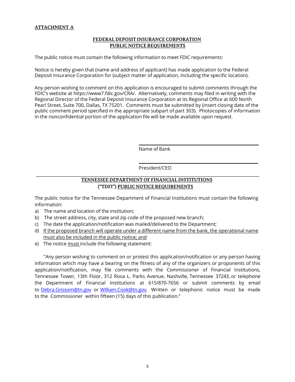 Application / Notification to Establish a New Branch Facility - Relocate the Main Office of a Bank - Tennessee, Page 5